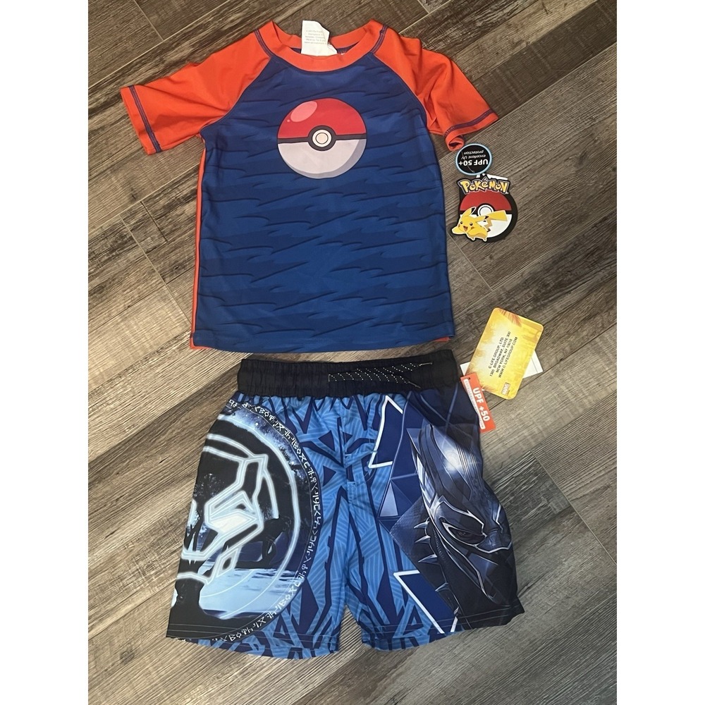 Boys Swim Lot Black Panther Shorts Pokémon Shirt Rash Guard Size XS 2T 3T New